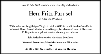 Todesanzeige von Fritz Parusel von HNA