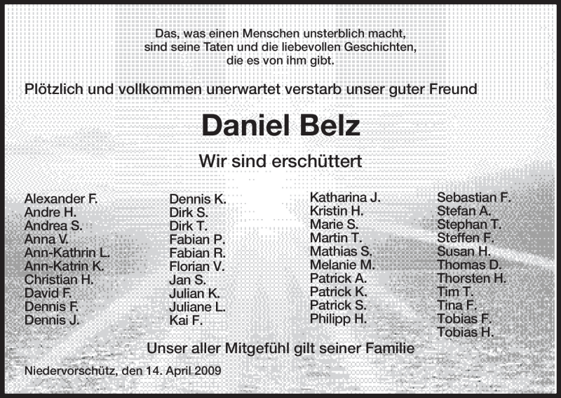  Traueranzeige für Daniel Belz vom 14.04.2009 aus HNA