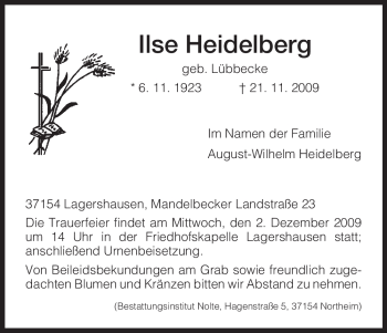 Todesanzeige von Ilse Heidelberg von HNA