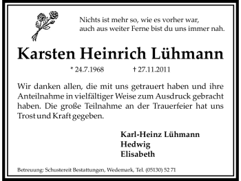 Todesanzeige von Karsten Heinrich Lühmann von HNA