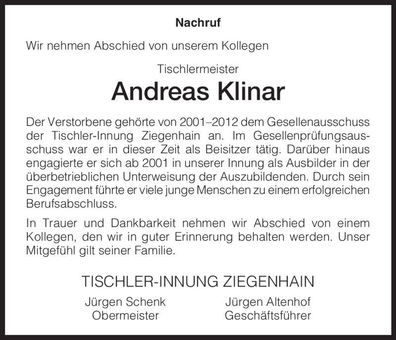  Traueranzeige für Andreas Klinar vom 02.08.2012 aus HNA