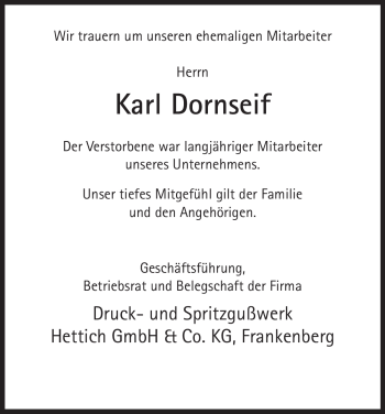 Todesanzeige von Karl Dornseif von HNA