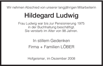 Todesanzeige von Hildegard Ludwig von HNA