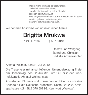 Todesanzeige von Brigitta Mrukwa von HNA