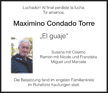 Todesanzeige von Maximino Condado Torre von HNA