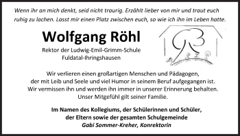 Todesanzeige von Wolfgang Röhl von HNA