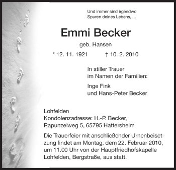 Todesanzeige von Emmi Becker von HNA