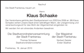 Todesanzeige von Klaus Schaake von HNA