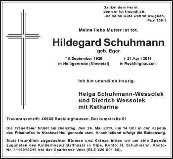 Todesanzeige von Hildegard Schuhmann von HNA