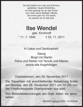Todesanzeige von Ilse Wendel von HNA