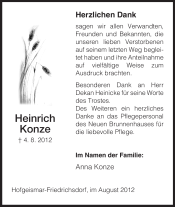 Todesanzeige von Heinrich Konze von HNA