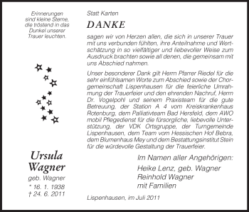 Todesanzeige von Ursula Wagner von HNA