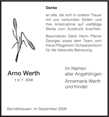 Todesanzeige von Arno Werth von HNA