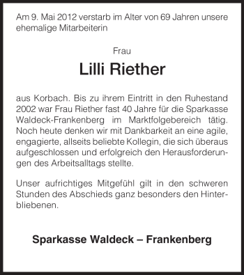 Todesanzeige von Lilli Riether von HNA