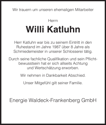Todesanzeige von Willi Katluhn von HNA