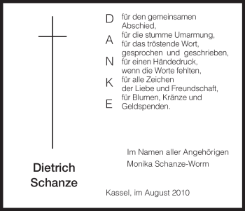 Todesanzeige von Dietrich Schanze von HNA