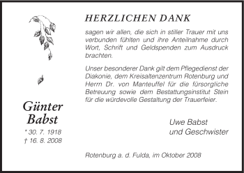 Todesanzeige von Günter Babst von HNA