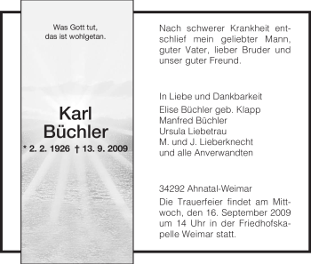 Todesanzeige von Karl Büchler von HNA