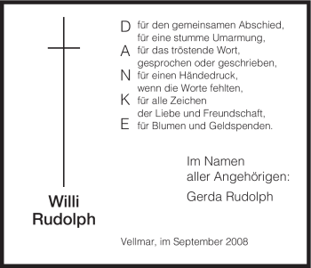 Todesanzeige von Willi Rudolph von HNA