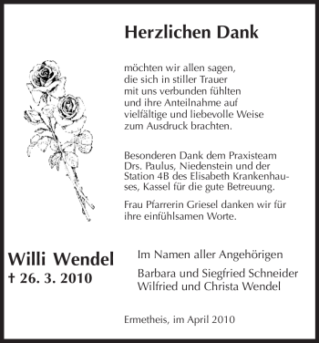 Todesanzeige von Willi Wendel von HNA