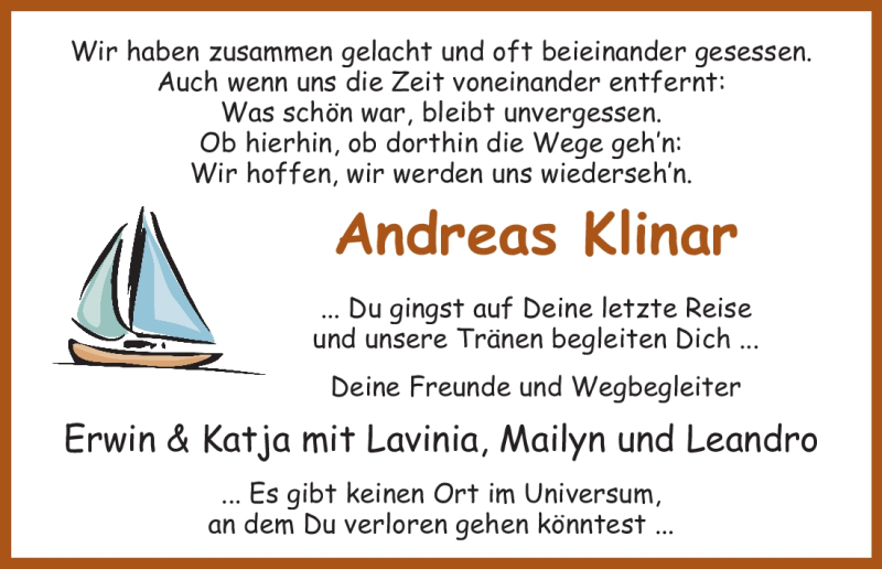  Traueranzeige für Andreas Klinar vom 02.08.2012 aus HNA