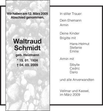 Todesanzeige von Waltraud Schmidt von HNA