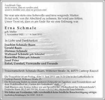 Todesanzeige von Erna Schmale von HNA