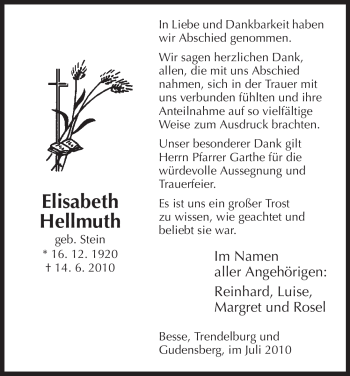 Todesanzeige von Elisabeth Hellmuth von HNA