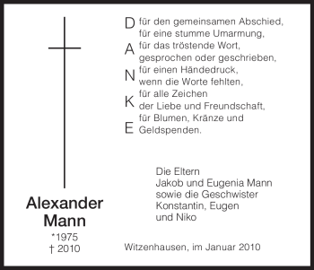 Todesanzeige von Alexander Mann von HNA