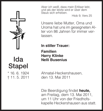 Todesanzeige von Ida Stapel von HNA