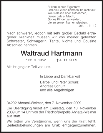 Todesanzeige von Waltraud Hartmann von HNA