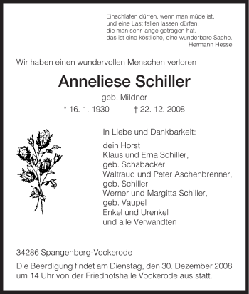 Todesanzeige von Anneliese Schiller von HNA