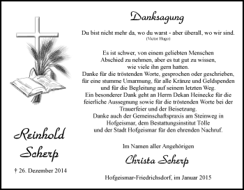 Todesanzeige von Reinhold Scherp von HNA