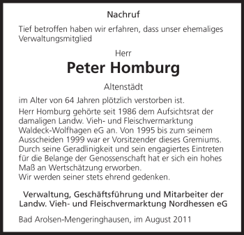 Todesanzeige von Peter Homburg von HNA