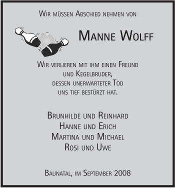 Todesanzeige von Manne Wolff von HNA