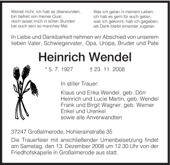 Todesanzeige von Heinrich Wendel von HNA