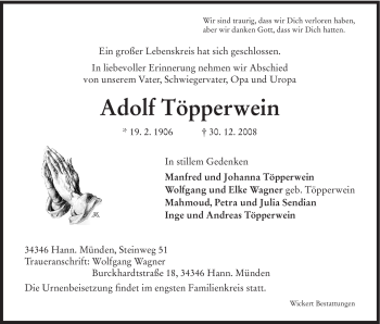 Todesanzeige von Adolf Töpperwein von HNA