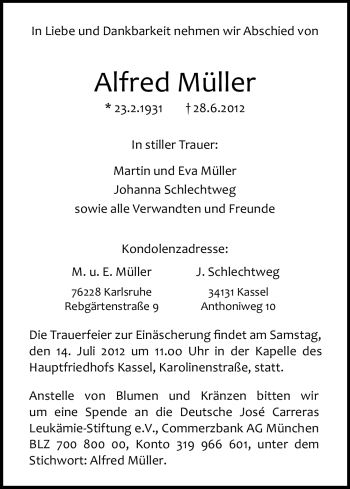 Todesanzeige von Alfred Müller von HNA