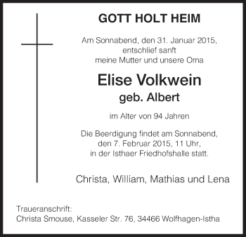 Todesanzeige von Elise Volkwein von HNA