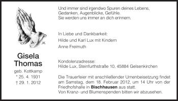 Todesanzeige von Gisela Thomas von HNA