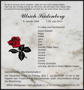 Todesanzeige von Ulrich Seidenberg von HNA