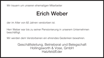 Todesanzeige von Erich Weber von HNA