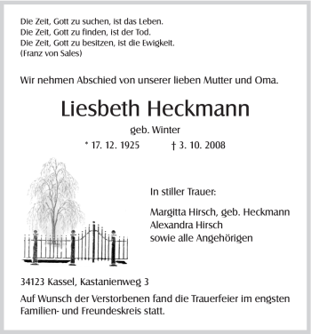 Todesanzeige von Liesbeth Heckmann von HNA