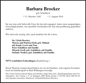 Todesanzeige von Barbara Brocker von HNA