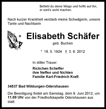 Todesanzeige von Elisabeth Schäfer von HNA