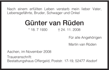 Todesanzeige von Günter van Rüden von HNA