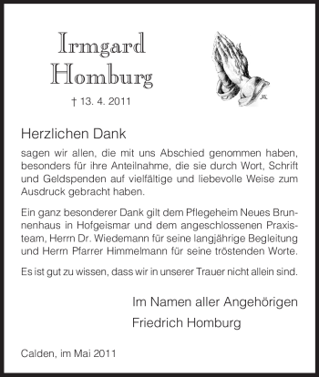 Todesanzeige von Irmgard Homburg von HNA