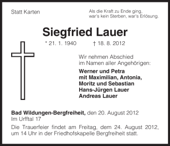 Todesanzeige von Siegfried Lauer von HNA
