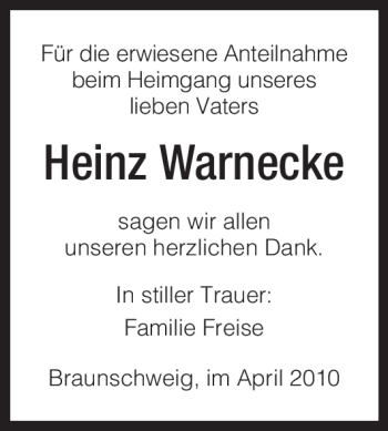 Todesanzeige von Heinz Warnecke von HNA