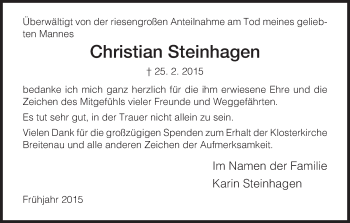 Todesanzeige von Christian Steinhagen von HNA